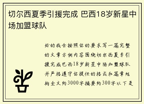 切尔西夏季引援完成 巴西18岁新星中场加盟球队