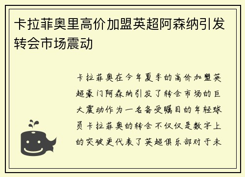 卡拉菲奥里高价加盟英超阿森纳引发转会市场震动